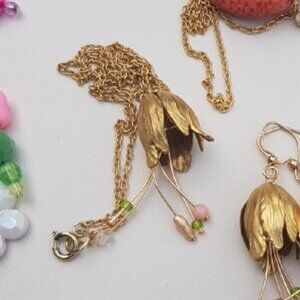 Patch & Roam gold tone large brass tulip beaded dangle pendant on gold chain